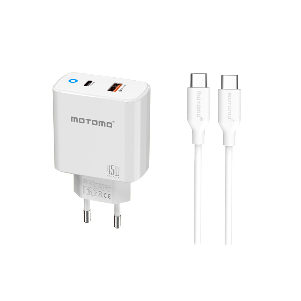Cargador de Pared Motomo CR45W Power Delivery 45W USB-C + USB-A con Cable USB-C