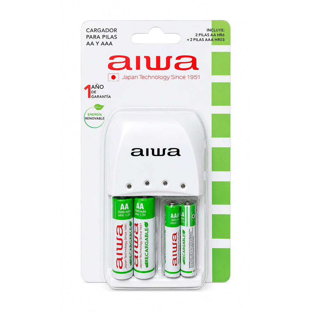 Cargador de Pilas Aiwa BC-0905A AA/AAA con 2 Pilas AA 2000 mAh y 2 Pilas AAA 800 mAh