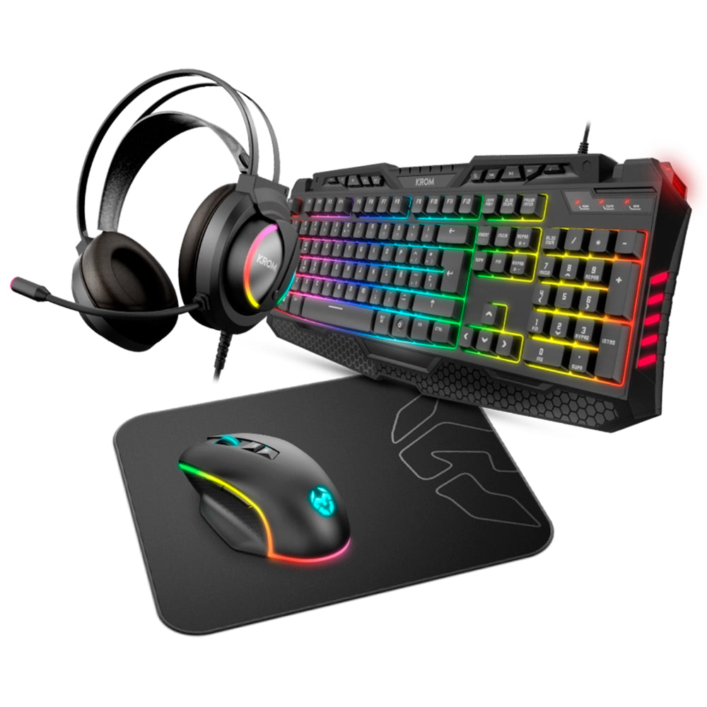 Combo 4 en 1 Krom Kritic RGB, Teclado (ES), Mouse, MousePad, Audífono