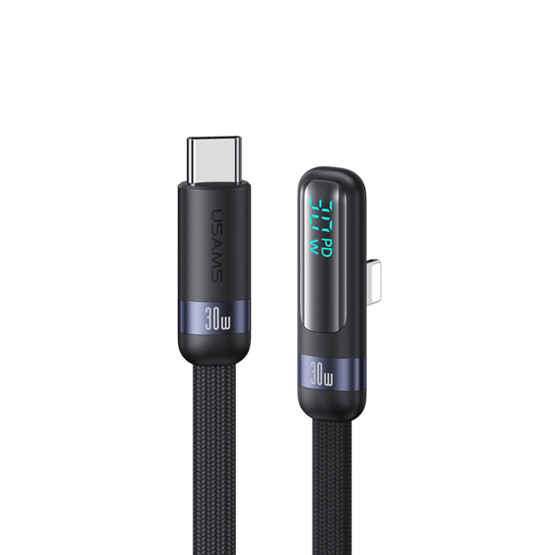 Usams US-SJ652 Cable USB TIPO-C a Lightning, Pantalla Digital, PD 30W, Codo de 90 grados, Color Negro