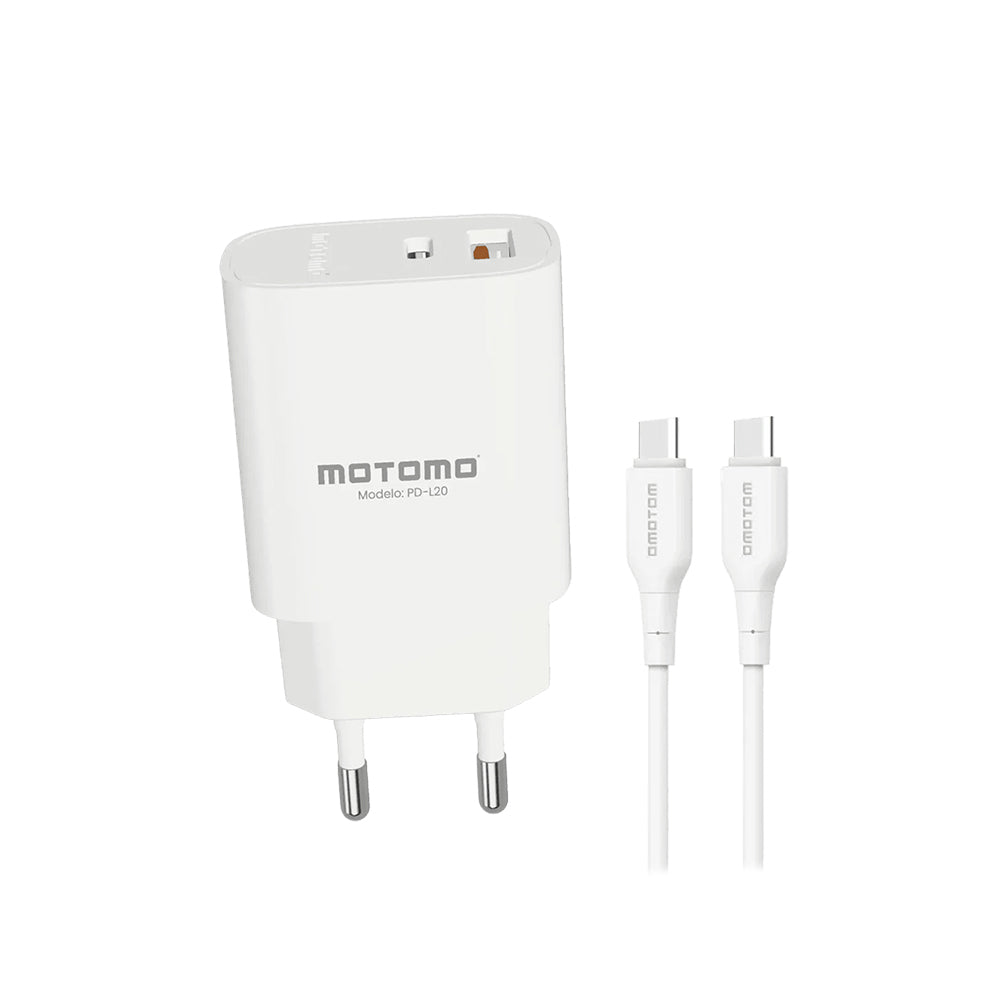 Cargador de Pared Motomo PD-L20 20W USB-C + USB-A con Cable Tipo C a Tipo C