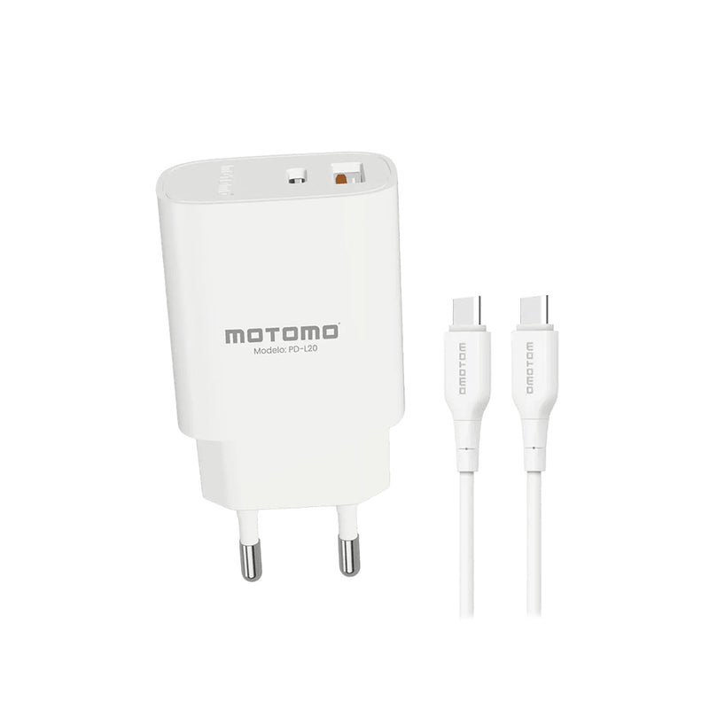 Cargador de Pared Motomo PD-L20 20W USB-C + USB-A con Cable Tipo C a Tipo C