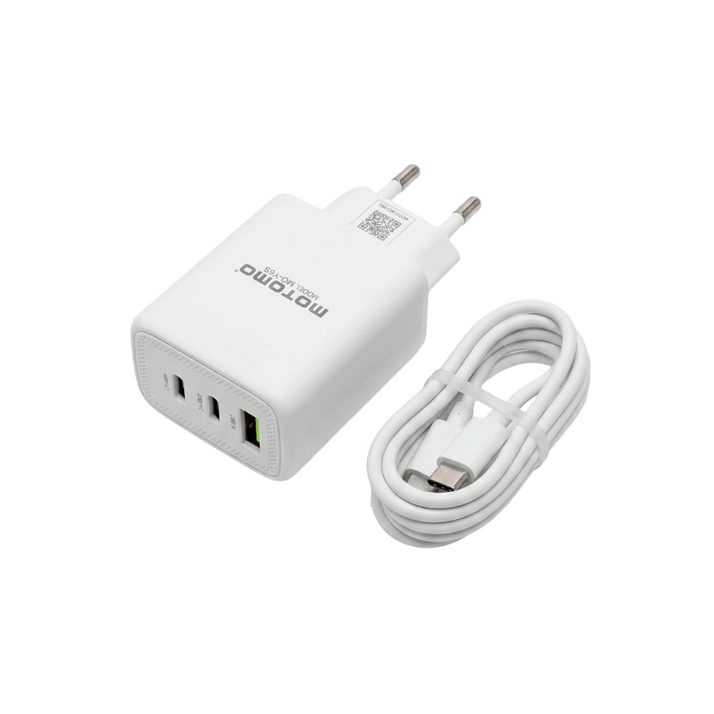 Cargador de Pared Motomo GaN 65W Triple Puerto USB-C + USB-C + USB-A Power Delivery con Cable USB-C
