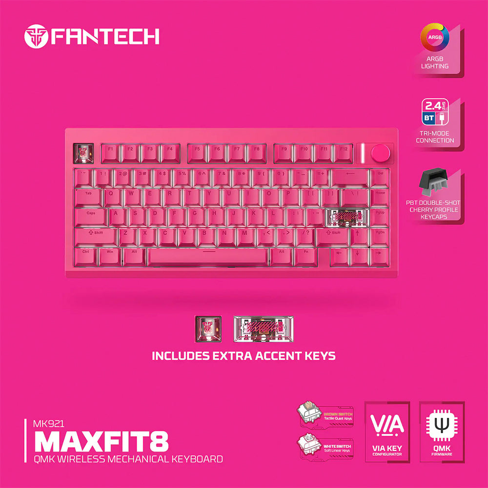 Teclado Mecánico Gamer Fantech MK921 Maxfit8 Rosie Pink 80% Inalámbrico Switch Brown (US)