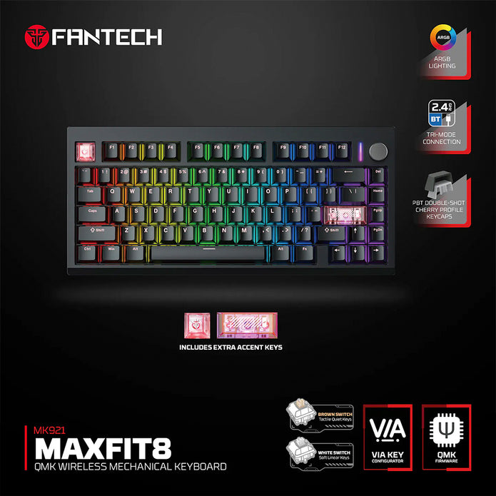 Teclado Mecánico Gamer Fantech MK921 Maxfit8 Black 80% Inalámbrico Switch Brown (US)